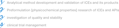 1.Analytical method development and validation of ICEs and its products / 2.Preformulation [physicochemical properties] research of ICEs and APIs / 3.investigation of quality and stability / 4.clinical trial management